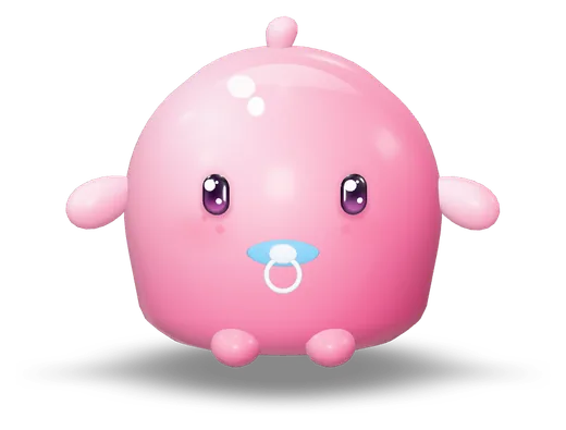 Baby Mochi, a glossy pink 3D creature with a blue pacifier
