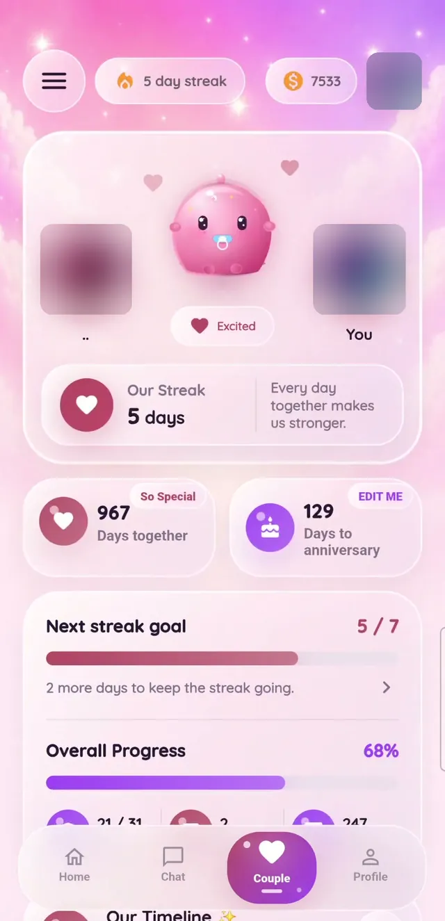Couple screen showing a shared Mochi, a 5-day streak, 967 days together and 129 days to an anniversary