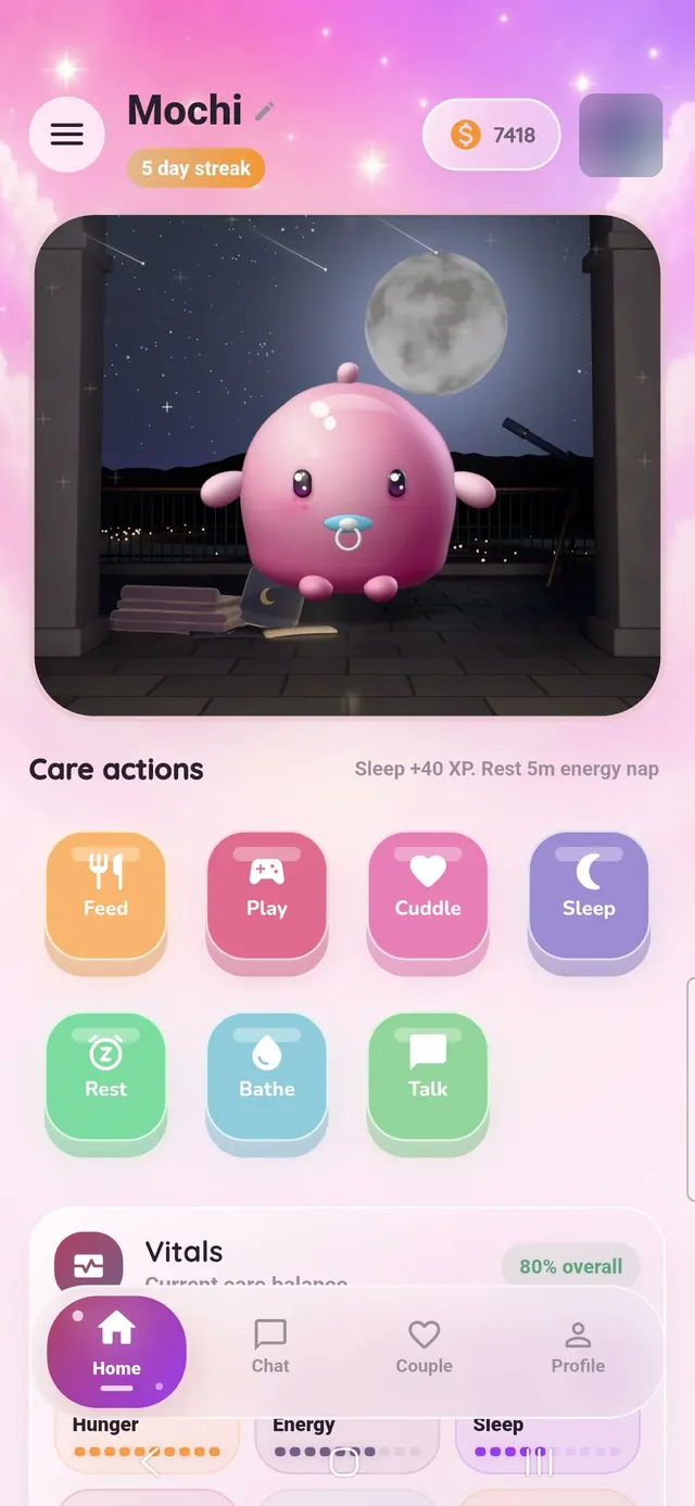 Lovegotchi home screen: Mochi in the Stargazing Balcony room with Feed, Play, Cuddle, Sleep, Rest, Bathe and Talk care buttons