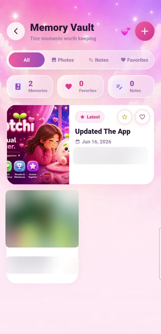 Memory Vault screen with photo and note memories (personal content blurred)