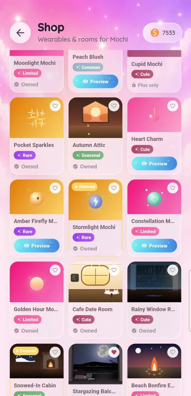 Shop grid of skins, hats and rooms
