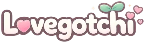 Lovegotchi wordmark decorated with hearts and a sprout